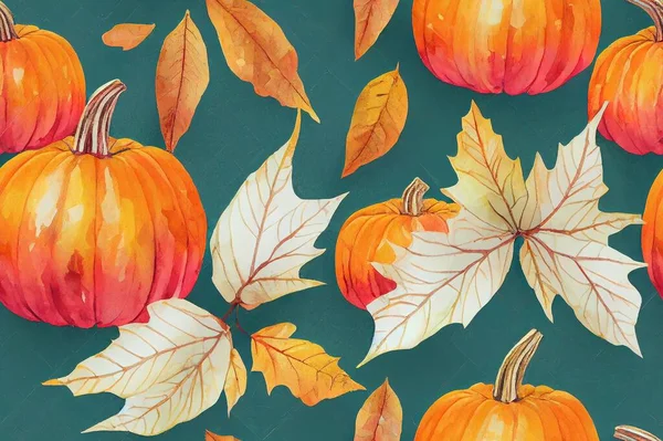 Fall seamless pattern with colorful pumpkins on cream background, Autumn pattern with maple, leaves, foliage, watercolor wrapping paper, pattern fills, Thanksgiving, web page background.