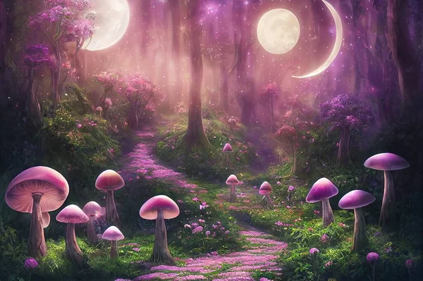 Fantasy Magical Mushrooms and Butterfly in enchanted Fairy Tale dreamy elf Forest with fabulous Fairytale blooming pink Rose Flower on mysterious, Nature background and shiny glowing moon rays in