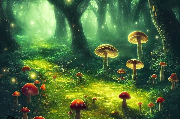 Fantasy magical Mushrooms glade and ladybug in enchanted fairy tale dreamy elf Forest, fabulous fairytale deep dark wood and moon rays in night, mysterious nature background