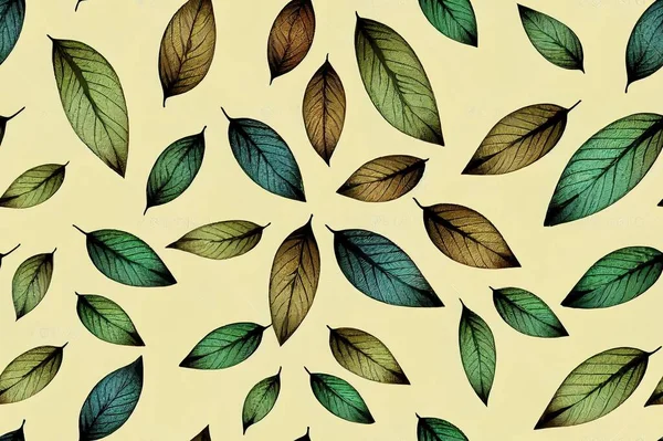 Leaves seamless pattern. Drawing leaves. Green leaves background. Drawing autumn wallpaper. Decorative background with leaf branches.