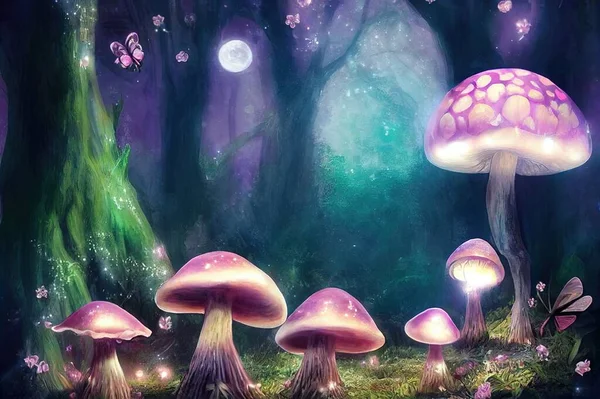 Magical fantasy mushrooms in enchanted fairy tale dreamy elf forest with fabulous fairytale blooming pink rose flower and butterfly on mysterious background, shiny glowing stars and moon rays in night