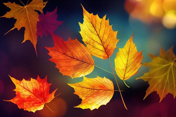 Magic autumn abstract background, with autumn leaves and magic ring. Autumn mood. Hello technology. AI.