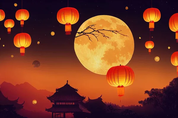 Mid autumn festival illustration with giant rabbit releases sky lanterns on moon cake shape stage, giant red lantern and traditional Chinese house on cliff. Translation Mid autumn