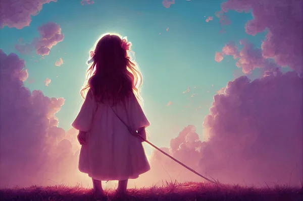 Little cute girl in fantasy world High quality illustration