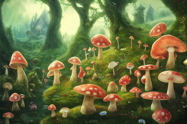 High detail fantasy scene of a magical fairy mushroom house, landscape, 3d render