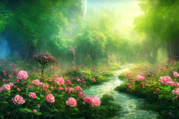 Fantasy roses flowers garden in enchanted fairy tale dreamy elf forest with fabulous fairytale blooming lush thickets in early morning on mysterious background, magical wide panoramic banner.