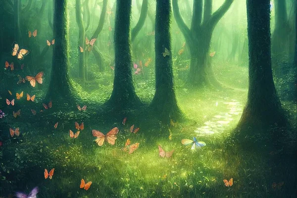 Fantasy world. Enchanted forest with magic lights, beautiful butterflies and way between trees