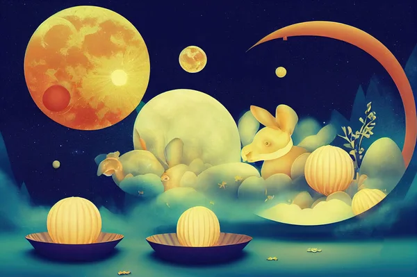 Mid Autumn festival 3d illustration. Jade rabbits pounding mochi on a glass disc in night sky. Moon cake and pieces floating around. Translation Happy mid autumn festival. August 15th
