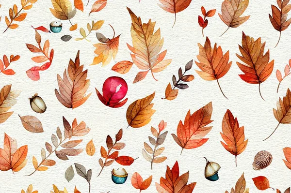 Watercolor forest pattern with wooden house,falling leaves,rowan berries,mushroom,acorn,pine cone and dwarf.Autumn seamless pattern