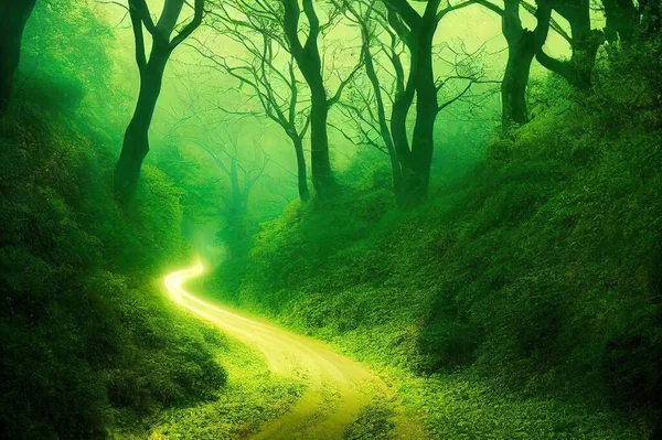 Fantasy landscape with a green tunnel of illuminated trees on a forest path leading to a mysterious light. Brightly lit outdoor night shot.