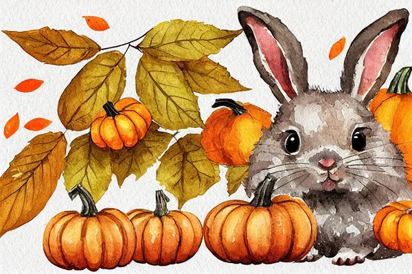 Small cute bunny with pumpkins autumn decoration. Watercolor illustration. Hand drawn cozy autumn decor with orange pumpkins, golden leaves, bunny. Rustic vintage style decor