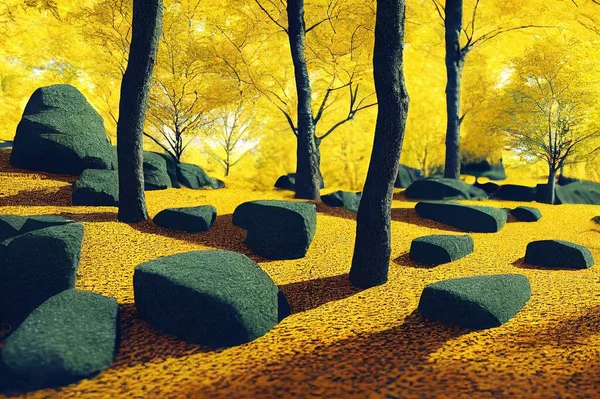 Group of trees among the rocks. Cutout yellow trees in autumn isolated on white background. Forest scape for landscaping or architectural visualisation. Photorealistic 3D rendering.