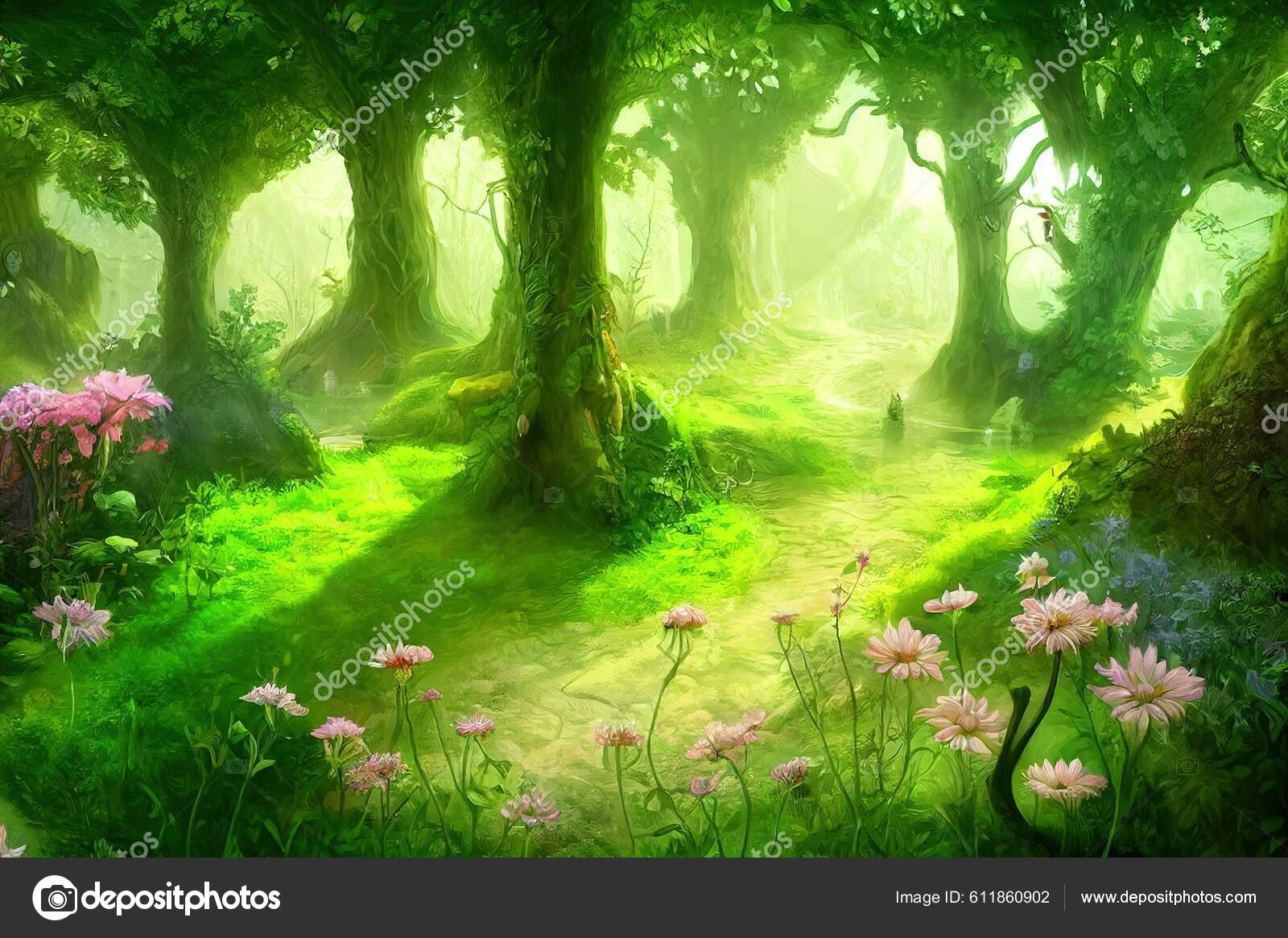 Ambiente de fantasia de uma floresta mágica no estilo de arte anime