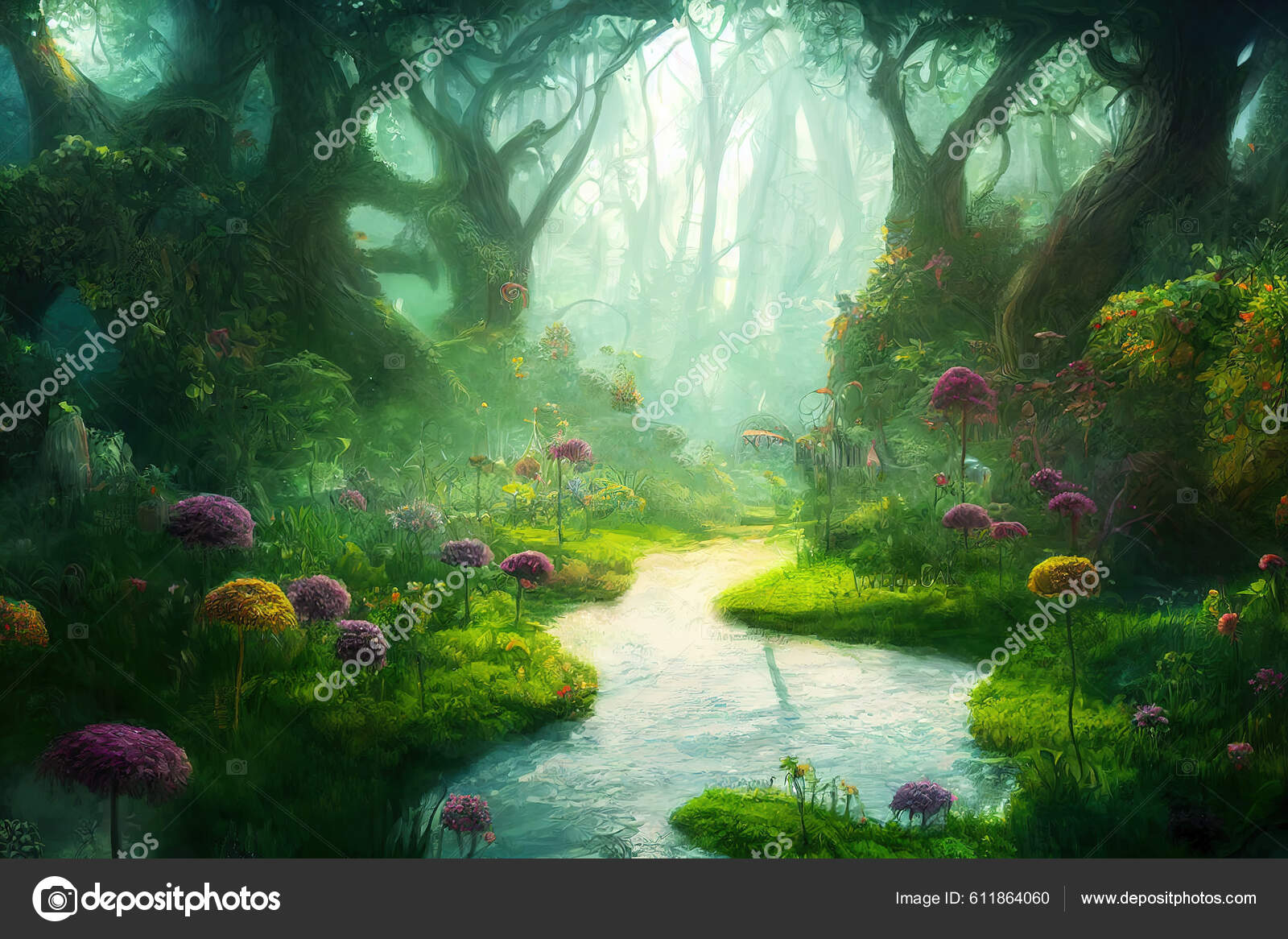 Ambiente de fantasia de uma floresta mágica no estilo de arte anime