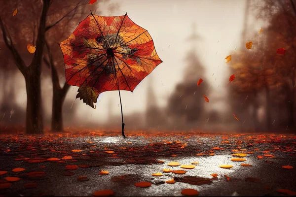 umbrella on the ground with autumn leaves around. minimal concept of autumn, winter and rain. 3d rendering
