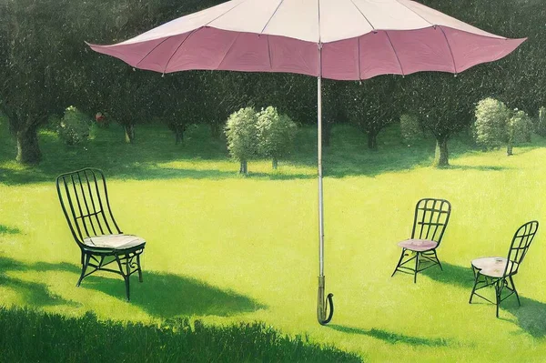 A couple of lawn chairs sitting on top of a grass covered field. High quality illustration