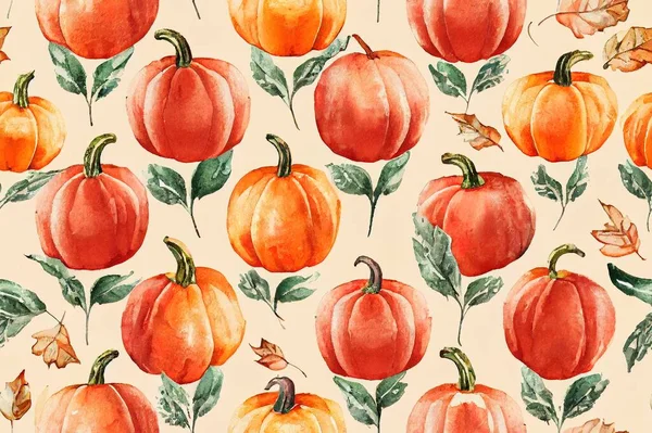 Watercolor fall hand painted seamless pattern. Red pumpkin truck, pumpkins arrangement, flowers, apples, leaves, birds on white background.