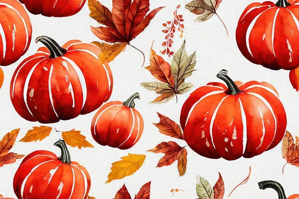 Watercolor autumn seamless pattern of gray, red, orange pumpkins and leaves. Hand painted gourds isolated on white background. Botanical illustration for design, print, background.