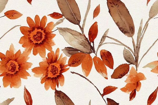 Watercolor fall floral seamless pattern with rust, burnt orange, grey and creme flowers on white background. Beautiful botanical print. Autumn wallpaper.