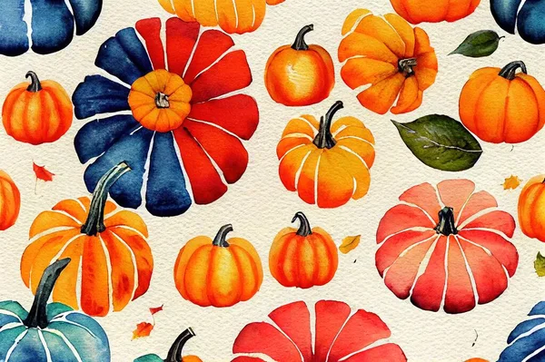Watercolor fall arrangement. Hand painted orange, white blue pumpkins, plaid pillows. apples, fall leaves. Harvest themed design. Autumn illustration.