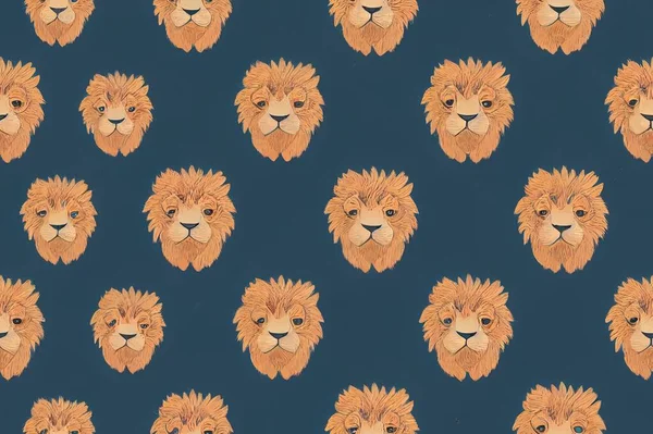 Seamless pattern with cute lion cub and decorative elements on a blue background. illustration for printing on fabric, packaging paper, clothing. Cute baby background