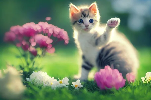 A cute baby cat kitten, ginger with white and wonderful blue eyes, playing with flowers in a garden, showing its paw