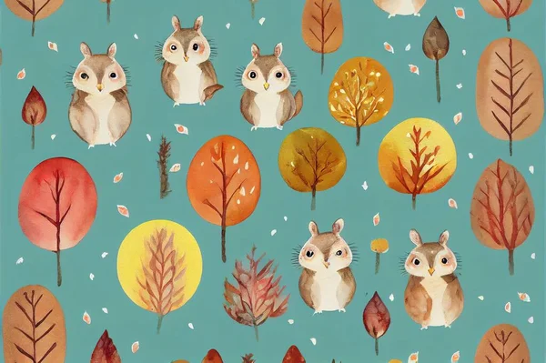 Little hare, squirrel, hedgehog, owls in the autumn forest. Watercolor illustration Fairy forest. Childrens interior Wallpaper. Mural for the walls. Wallpapers for the room, interior
