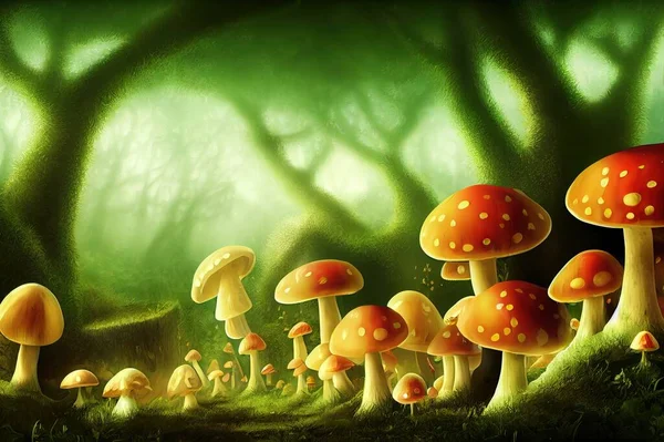 Mushroom house in an enchanted forest. Digital illustration.
