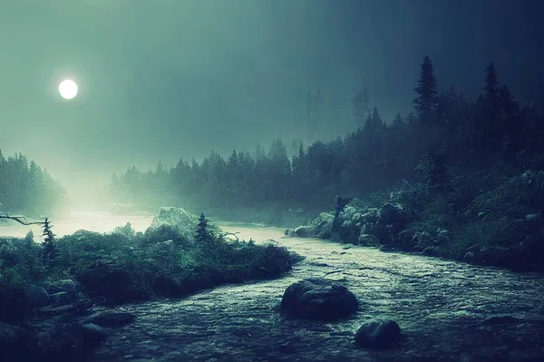 Dark fantasy forest. River in the forest with stones on the shore. Moonlight, night forest landscape. Smoke, smog, fog. Bridge over river. Fantasy landscape. 3D illustration.