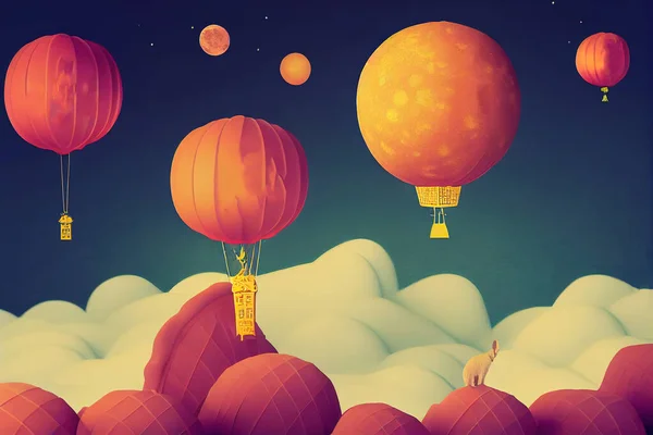 3d Mid Autumn Festival poster design with cute rabbit sitting in a mooncake hot balloon and flying over the moon. Suitable for greeting card or Chinese bakery promo background.