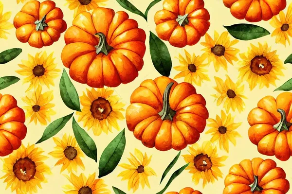 Autumn seamless pattern with pumpkin pies, sunflowers, orange pumpkins, yellow leaves on a brown background. Watercolor background for Thanksgiving, harvest day, autumn farm fair.
