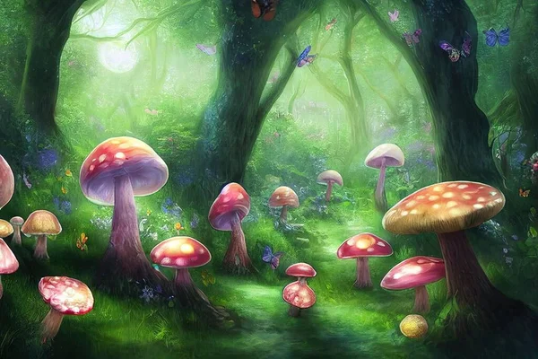 Fantasy magical Mushrooms glade in enchanted fairy tale dreamy elf Forest, fairytale rose flower garden and butterflies on mysterious background, elven magic woods in night darkness with moon light