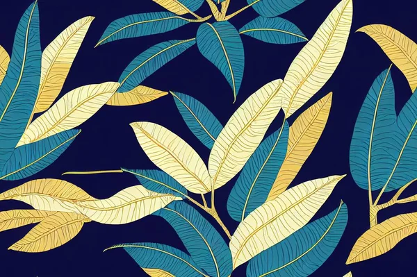 Banana palm tree leaves seamless pattern texture. Exotic tropical jungle forest. Copper gold shiny glow outline. Navy dark blue background. design illustration for fashion, fabric, textile.