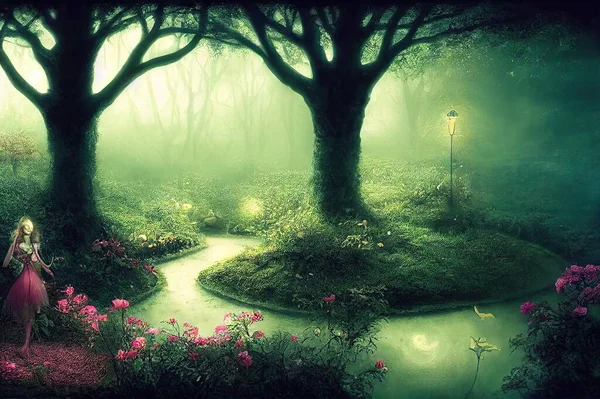 Enchanted garden and the fairy night time scene with misty feeling, indoor shoot. High quality 2d abstract illustration