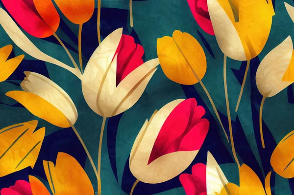 Abstract Hand Drawing Tulips and Leaves with Marbling Batik Texture Seamless Pattern Isolated Background