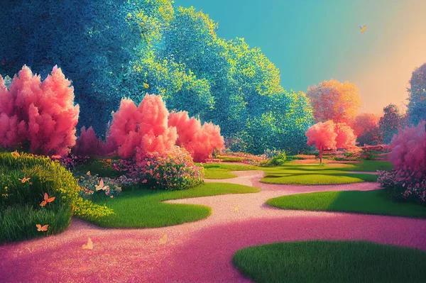 landscape enchanted garden filled with butterflies and pastel prism cocoons. High quality 3d illustration. 3D Illustration