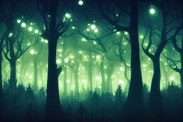 Night magical fantasy forest. Forest landscape, neon, magical lights in the forest. Fairy tale atmosphere, fog in the forest, silhouettes of trees. 3D illustration.