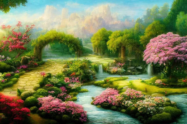 Enchanted garden with stone bridge illustration. High quality 2d abstract illustration
