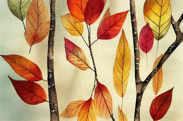 Birch tree branches with leaves watercolor background. Autumn. High quality illustration