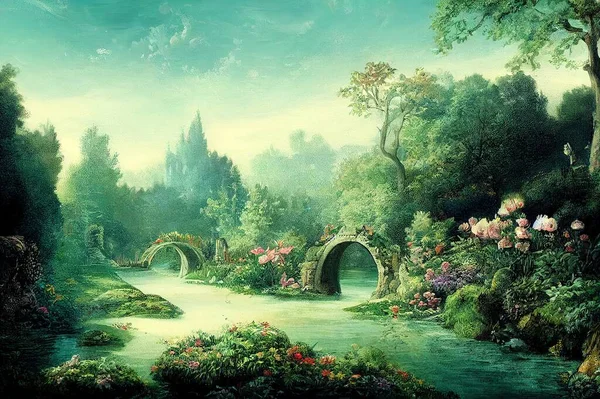 Enchanted garden scene with stone bridge illustration. High quality 2d abstract illustration