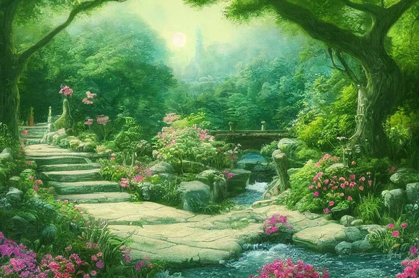 2d Enchanted garden with stone bridge illustration