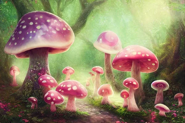 Fantasy Mushroom And Butterflies In Magical Enchanted Fairy Tale Dreamy Elf Forest With Fabulous Fairytale Blooming Pink Rose Flower On Mysterious Background, Shiny Glowing Stars, Moon Rays In Night