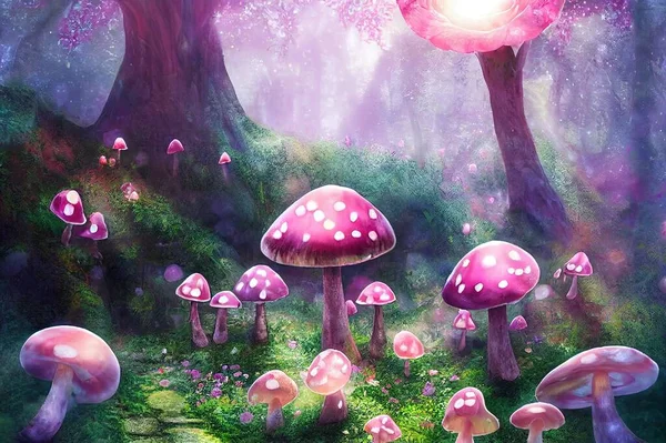 Fantasy magical Mushrooms glade in enchanted fairy tale dreamy elf Forest, fabulous fairytale blooming pink rose flower garden on mysterious background, elven magic woods shine in bright sunny morning