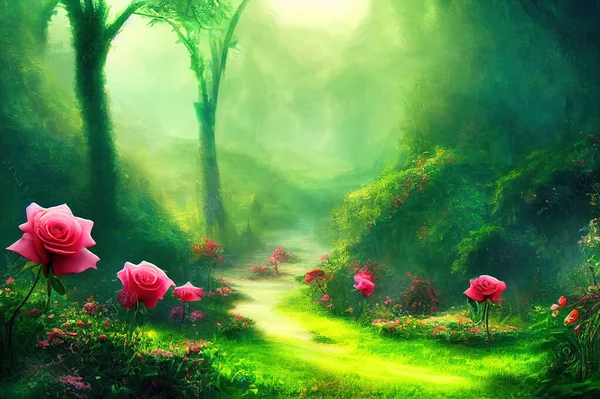 Fantasy magical roses flowers garden in enchanted fairy tale dreamy elf forest with fabulous fairytale blooming lush green thickets in early morning on mysterious background, wide panoramic banner