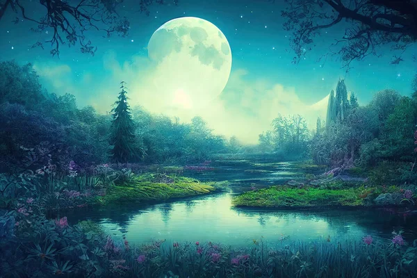 Fantasy magical enchanted fairy tale landscape with forest lake, fabulous fairytale garden. mysterious blue background and glowing moon ray in night