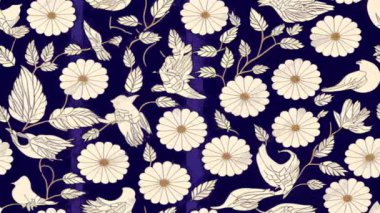 Karanlık Büyülü Vintage Çiçekler ve Kuşlar kusursuz döngülü animasyon. Sihirli orman arka planı. U1 3