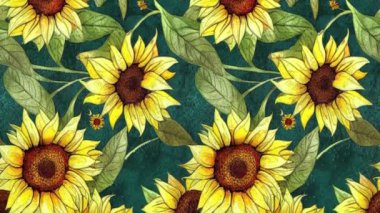 Ayçiçekleri ve sonbahar yapraklarıyla suluboya kusursuz döngü animasyonu. Parlak, sonbahar arkaplanı ve el çizimi doğa motifleri