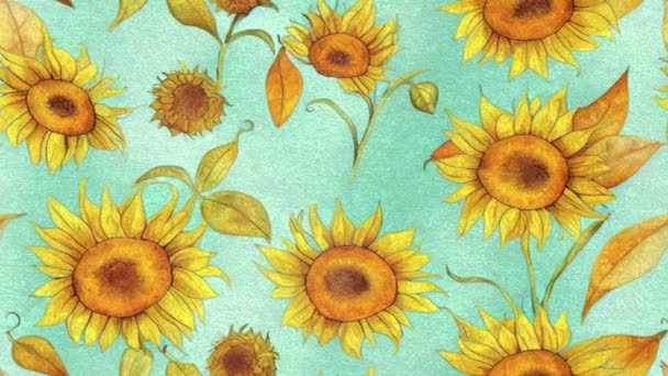 Aquarell Nahtlose Looping Animation Mit Sonnenblumenköpfen Kürbissen Und Herbstblättern Herbstanimation — Stockvideo