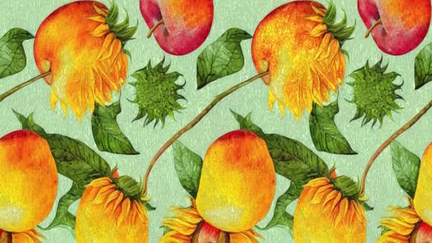 Frutas Verduras Maduras Girasoles Hojas Otoño Animación Bucle Sin Costuras — Vídeos de Stock