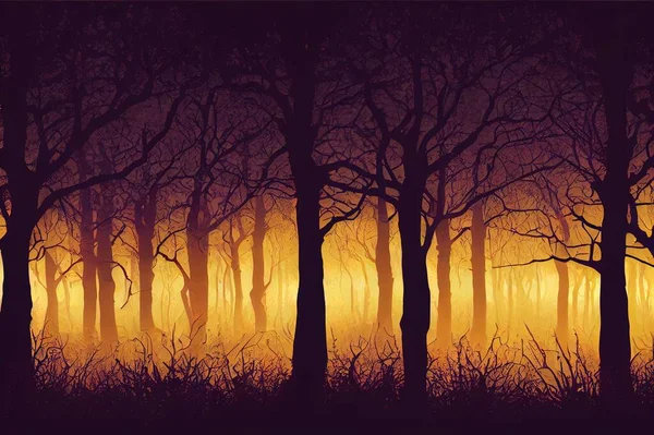 Dark forest, burning house illustration background cover